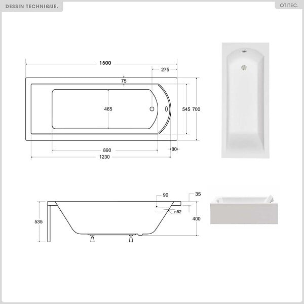 BESCO - Baignoire rectangulaire - 150 x 70 cm - sans Habillage - avec Pieds - Repose-tête - Étagère bambou - Vidage Chrome - SHEA - large