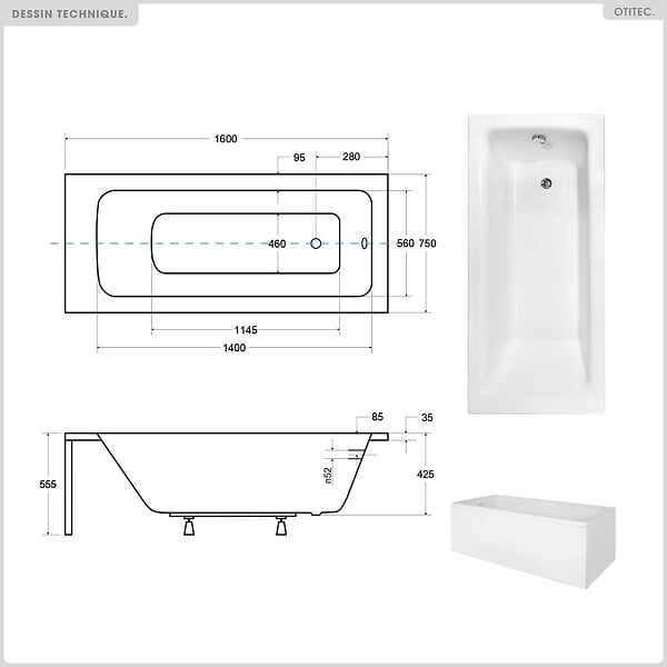 BESCO - Baignoire rectangulaire - 160 x 75 cm - avec Tablier Blanc - Pieds - Poignées - Repose-tête - Vidage Chrome - TALIA PREMIUM - large