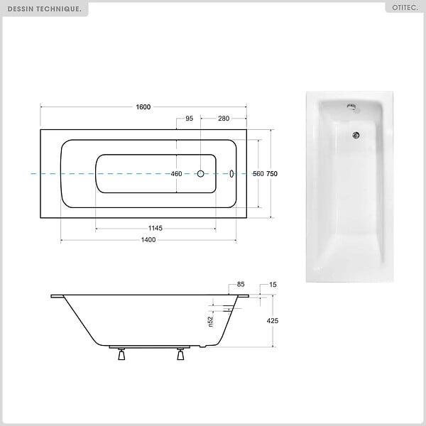 BESCO - Baignoire rectangulaire - 160 x 70 cm - sans Habillage - avec Pieds - Vidage Chrome - TALIA SLIM - large