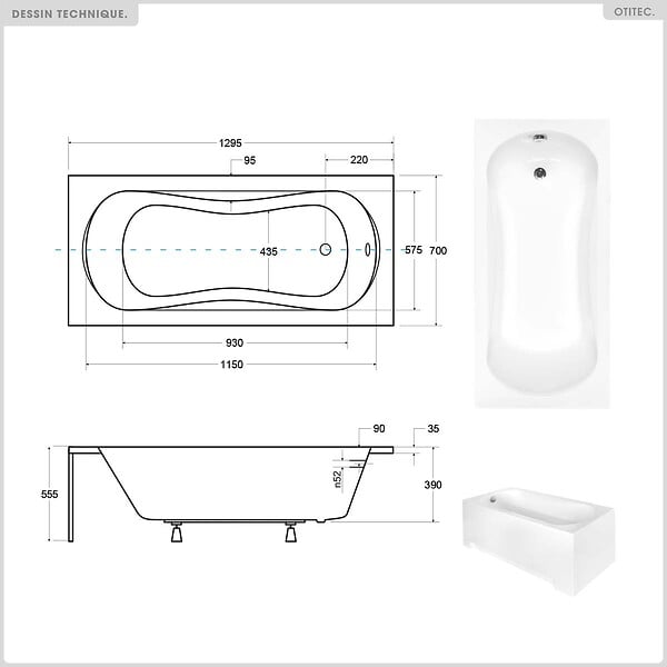 BESCO - Baignoire rectangulaire - 130 x 70 cm - avec Habillage Polystyrène - Pieds - Vidage Chrome - ARIA - large