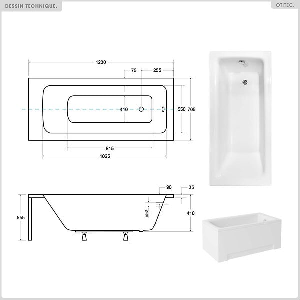 BESCO - Baignoire rectangulaire - 120 x 70 cm - avec Habillage - Pieds - Vidage Chrome - TALIA - large