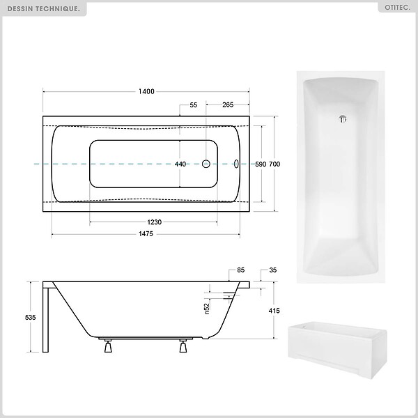 BESCO - Baignoire rectangulaire - 140 x 70 cm - avec Habillage - Pieds - Vidage Chrome - OPTIMA - large