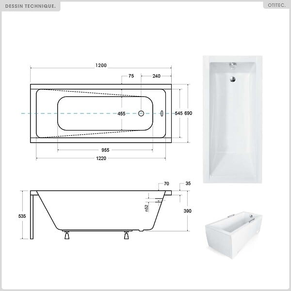 BESCO - Baignoire rectangulaire - 120 x 70 cm - avec Habillage Polystyrène - Pieds - Vidage Chrome - MODERN - large