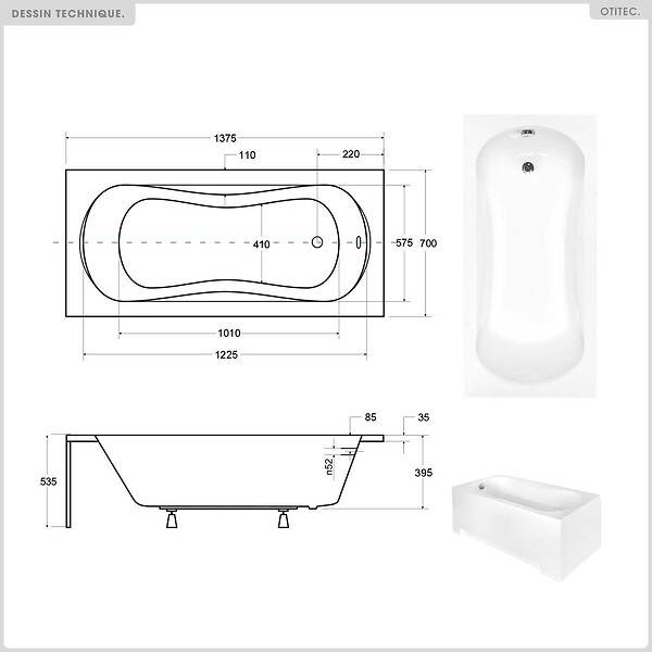 BESCO - Baignoire rectangulaire - 140 x 70 cm - sans Habillage - avec Pieds - Vidage Chrome - ARIA - large