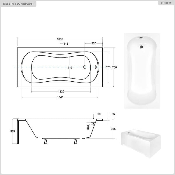 BESCO - Baignoire rectangulaire - 170 x 70 cm - sans Habillage - avec Pieds - Vidage Chrome - ARIA - large