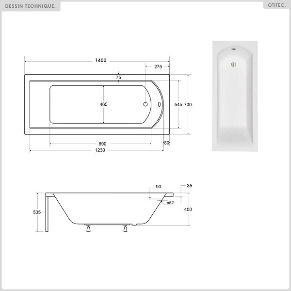 BESCO - Baignoire rectangulaire - 140 x 70 cm - avec Habillage Polystyrène - Pieds - Vidage Chrome - SHEA SLIM - large