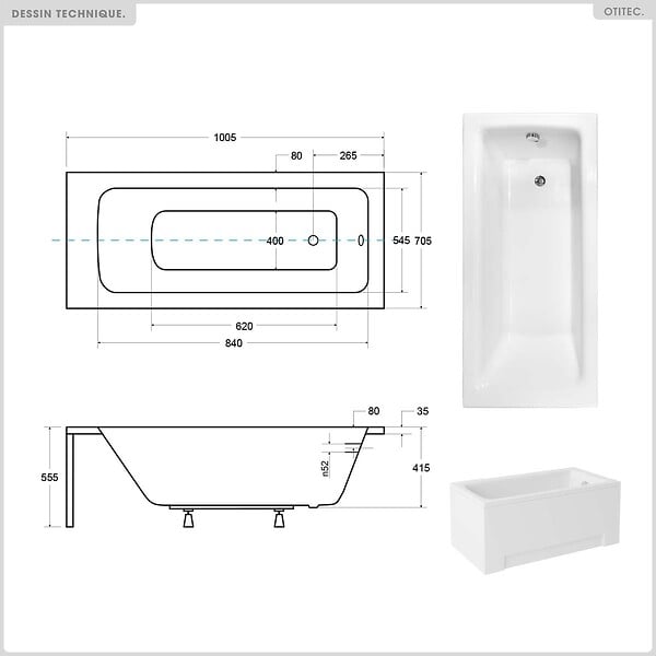 BESCO - Baignoire rectangulaire - 100 x 70 cm - avec Tablier Blanc - Pieds - Vidage Chrome - TALIA - large