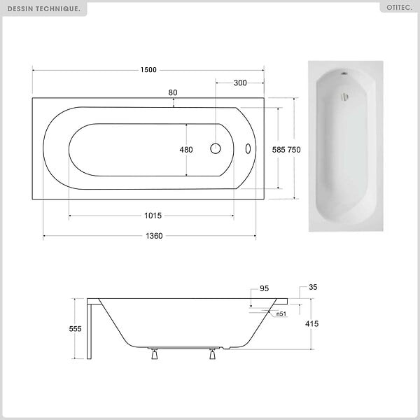 BESCO - Baignoire rectangulaire - 150 x 75 cm - avec Habillage Polystyrène - Pieds - Vidage Chrome - INTRICA SLIM - large