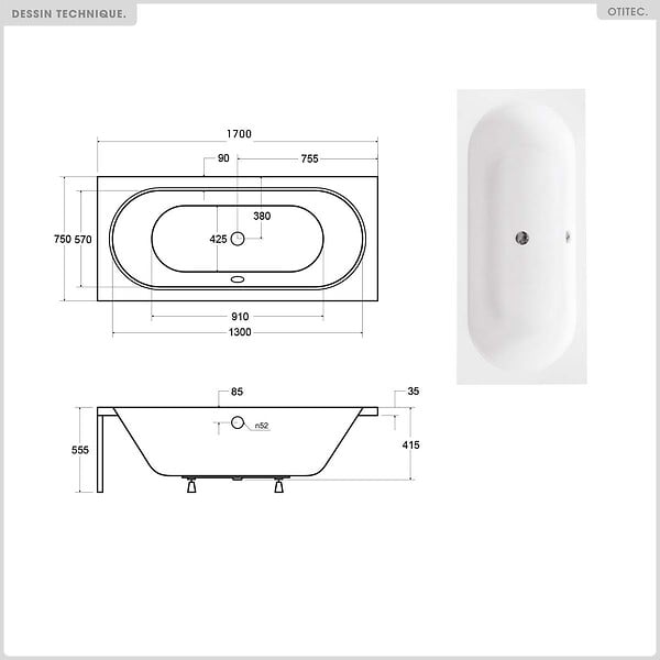 BESCO - Baignoire rectangulaire - 170 x 75 cm - sans Habillage - avec Pieds - Vidage Chrome - VITAE SLIM - large