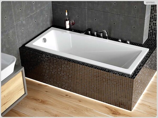 BESCO - Baignoire rectangulaire - 140 x 70 cm - avec Habillage Polystyrène - Pieds - Vidage Chrome - MODERN SLIM - large
