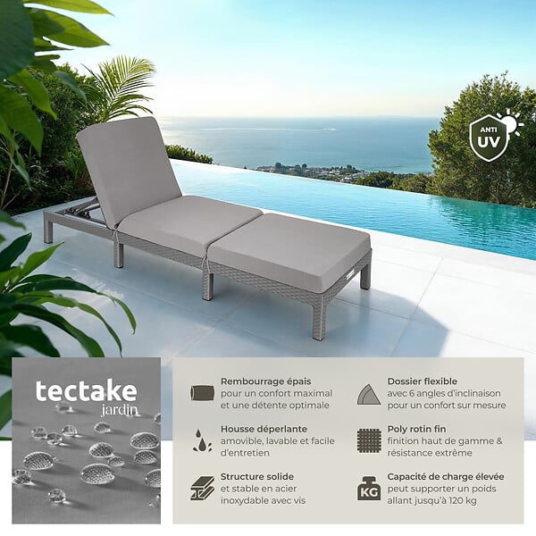 TECTAKE - Bain de soleil SOFIA 6 positions gris - large