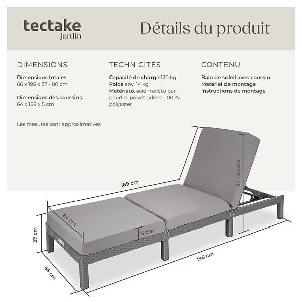 TECTAKE - Bain de soleil SOFIA 6 positions gris - large