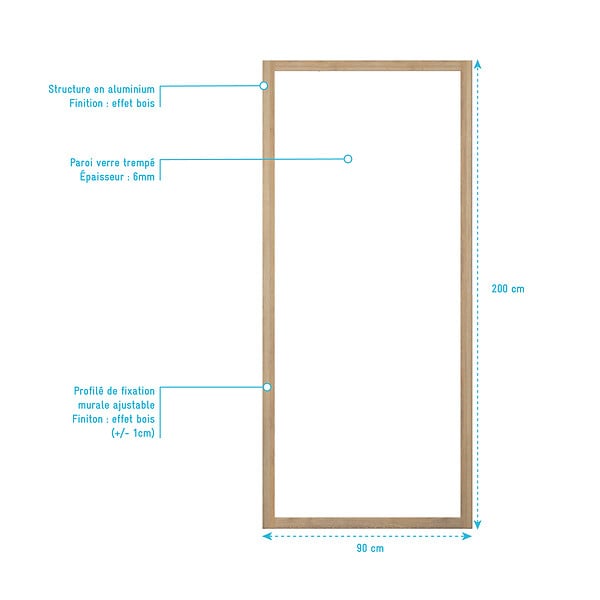 AURLANE - Paroi de retour 90x200cm - Profilés Aluminium effet Bois - Verre Trempé 6mm - WOOD CRUSH - large