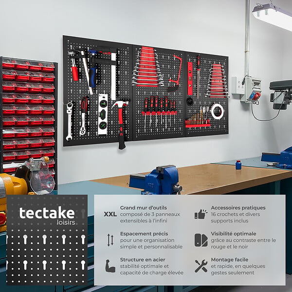 TECTAKE - Panneau perforé JONAH avec crochets et supports noir/rouge - large