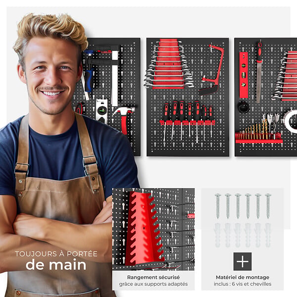 TECTAKE - Panneau perforé JONAH avec crochets et supports noir/rouge - large
