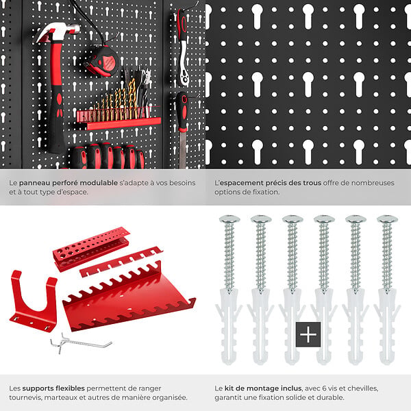 TECTAKE - Panneau perforé JONAH avec crochets et supports noir/rouge - large