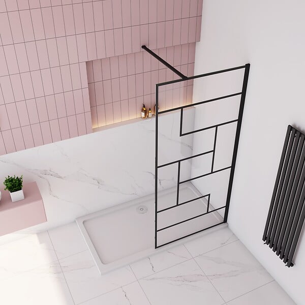 AICA SANITAIRE - Paroi de douche à l’italienne sérigraphie à carreaux 140x200cm walk-in en verre anticalcaire 8mm avec une de barre de fixation horizontal 140cm - large