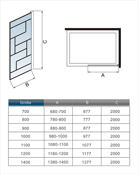 AICA SANITAIRE - Paroi de douche à l’italienne sérigraphie à carreaux 140x200cm walk-in en verre anticalcaire 8mm avec une de barre de fixation horizontal 140cm - large