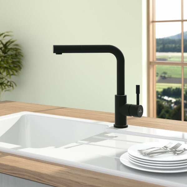 VILLEROY ET BOCH - Robinet de cuisine avec douchette Steel Shower Noir mat - large