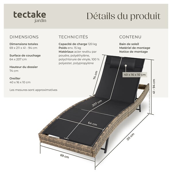 TECTAKE - Bain de soleil en rotin Moana marron naturel - large