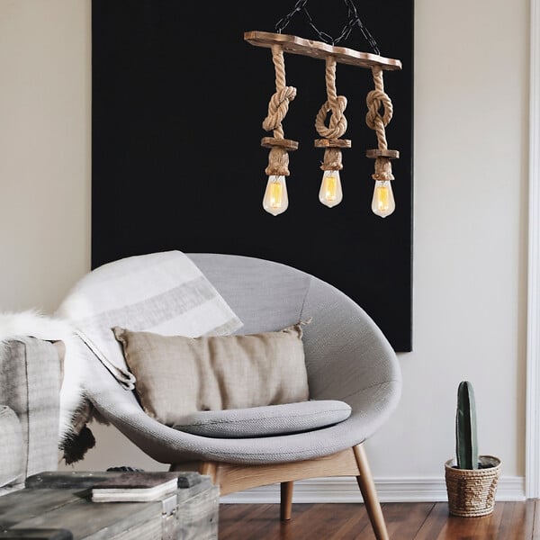 CONCEPT USINE - Suspension rustique filaire 3 lampes cordes et bois ZYA - large