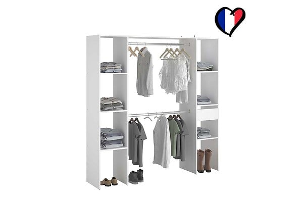 CONCEPT USINE - Dressing blanc 6 étagères, 1 tiroir, 2 penderies 180 x 40 x 180 cm ELYSEE - large