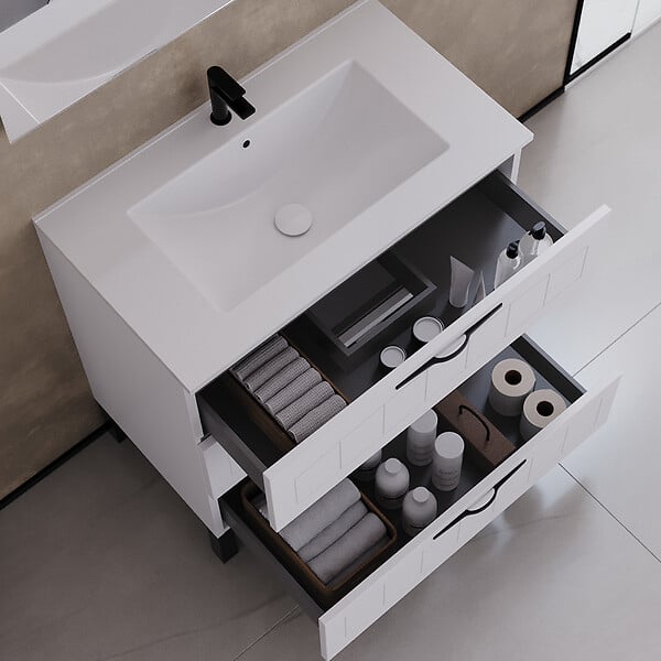 COSYNEO - Meuble de salle de bain 80cm simple vasque - 3 tiroirs - sans miroir - blanc - CALA - large