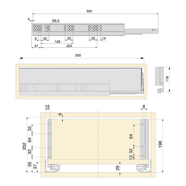 EMUCA - Kit de tiroirs pour cuisine ou salle de bains Vertex avec réglages 3D, hauteur 178mm, avec panneaux inclus, module 600mm, Peint en blanc - large