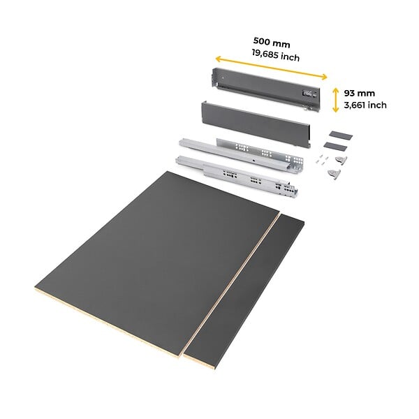 EMUCA - Kit de tiroirs pour cuisine ou salle de bains Vertex avec réglages 3D, hauteur 93mm, avec panneaux inclus, module 900mm, Gris antracite - large