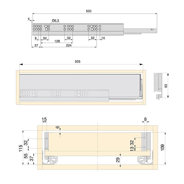 EMUCA - Kit de tiroirs pour cuisine ou salle de bains Vertex avec réglages 3D, hauteur 93mm, avec panneaux inclus, module 600mm, Gris antracite - large