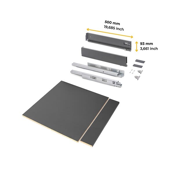 EMUCA - Kit de tiroirs pour cuisine ou salle de bains Vertex avec réglages 3D, hauteur 93mm, avec panneaux inclus, module 600mm, Gris antracite - large