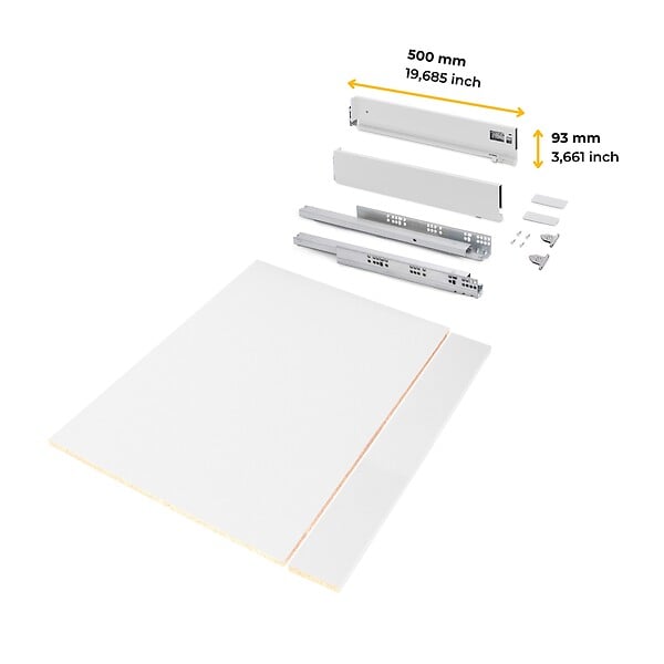 EMUCA - Kit de tiroirs pour cuisine ou salle de bains Vertex avec réglages 3D, hauteur 93mm, avec panneaux inclus, module 900mm, Peint en blanc - large