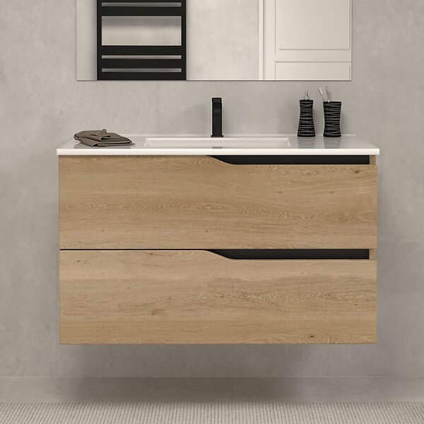 COSYNEO - Meuble de salle de bain 80cm simple vasque - 2 tiroirs - madera miel (bois clair) - LUNA - large