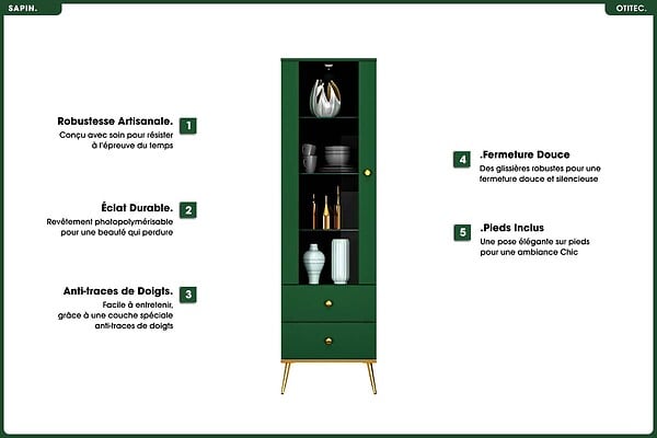 OTITEC - Armoire Vitrine - H.190 x L.55 x P.40 cm - SAPIN - large