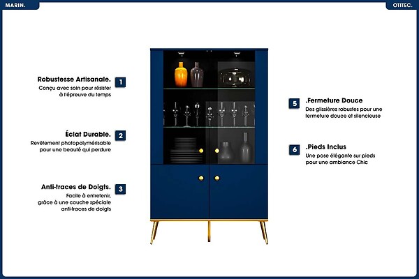 OTITEC - Armoire Vitrine - H.150 x L.92 x P.40 cm - MARIN - large