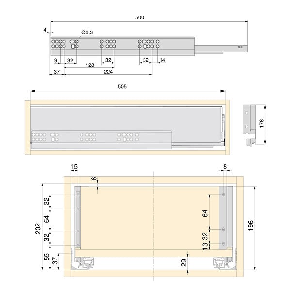 EMUCA - Kit de tiroirs pour cuisine ou salle de bains Vertex avec réglages 3D, hauteur 178mm, avec panneaux inclus, module 450mm, Gris antracite - large