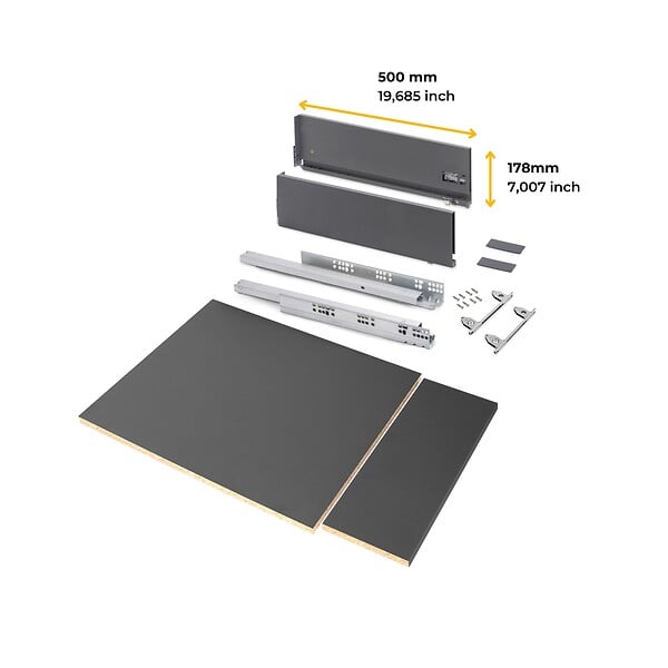 EMUCA - Kit de tiroirs pour cuisine ou salle de bains Vertex avec réglages 3D, hauteur 178mm, avec panneaux inclus, module 450mm, Gris antracite - large
