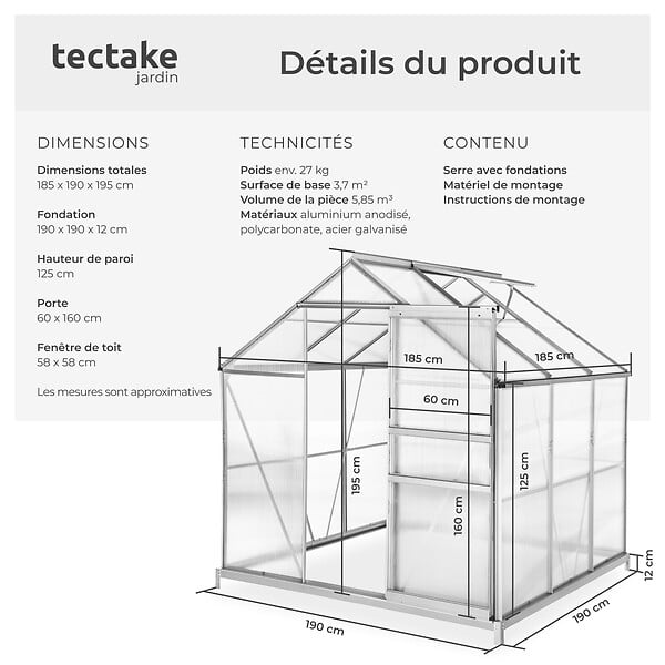 TECTAKE - Serre en aluminium avec fondation, résistant aux UV blanc transparent - large
