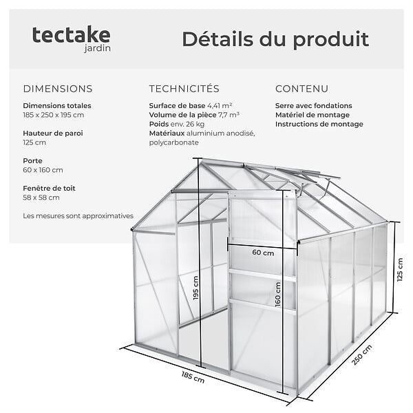 TECTAKE - Serre en aluminium, résistant aux UV, 185x250x195cm blanc transparent - large