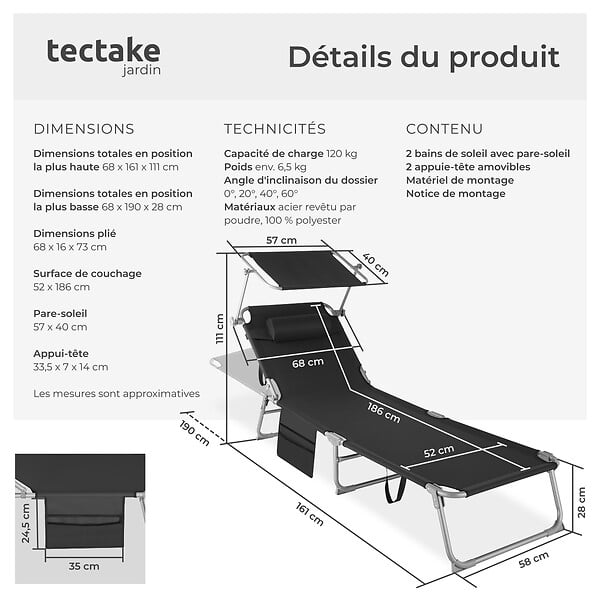TECTAKE - Lot de 2 bains de soleil Chloé 4 positions avec appui-tête et pochette noir - large