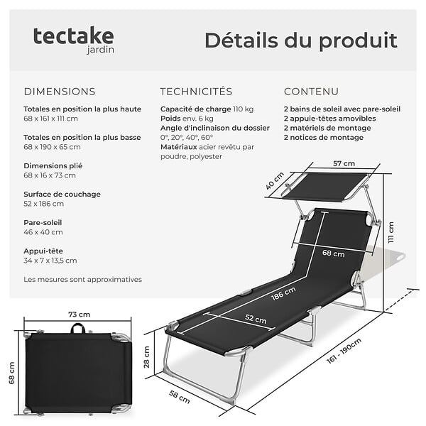 TECTAKE - Lot de 2 transats CHLOE noir - large