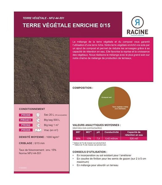 RACINE - Mélange de terre végétale enrichie RACINE pour bacs et jardinières 48 sacs 20 litres - large