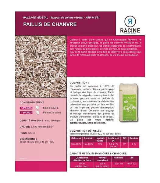RACINE - Paillis de chanvre dégradable sans pesticide - balle de 200 litres pour 5 m² - large