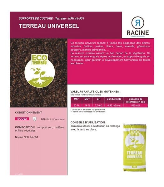 RACINE - Terreau économique universel 100% naturel 30 sacs de 40 litres pour fleurs arbustes - large