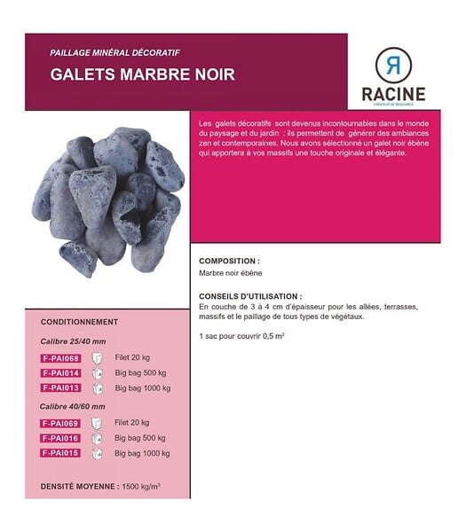 RACINE - Paillage minéral Galet marbre noir 40-60mm, Filet de 20kg - F-PAI069 - large