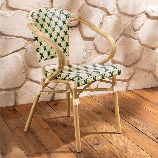 OVIALA - Fauteuil de terrasse bistrot parisien en aluminium et rotin vert foncé - Madeleine - large