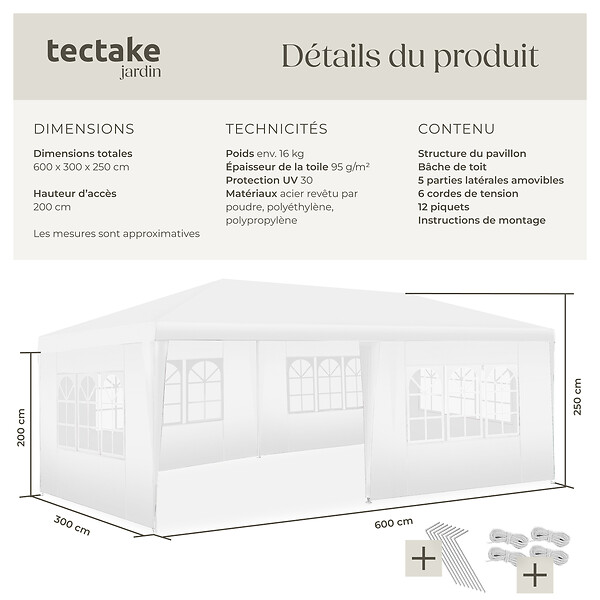 TECTAKE - Pavillon imperméable NOVARA avec 5 côtés blanc - large