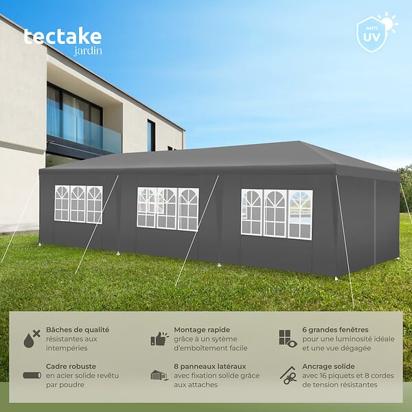TECTAKE - Pavillon imperméable MIRAMAS avec 8 côtés gris - large