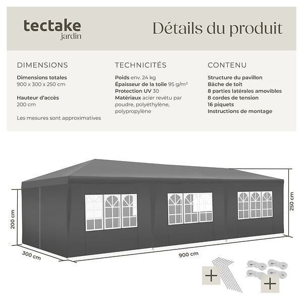 TECTAKE - Pavillon imperméable MIRAMAS avec 8 côtés gris - large