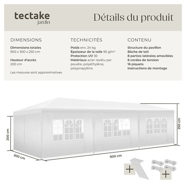 TECTAKE - Pavillon imperméable MIRAMAS avec 8 côtés blanc - large